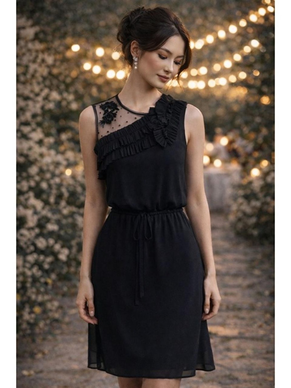 Elegant Quiet Luxury BCBG Max Azria Ruffle Neckline Chiffon Dress | Whimsigoth|